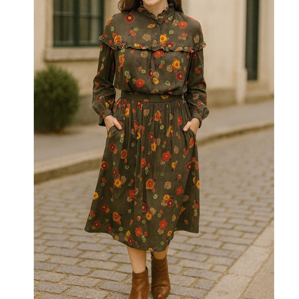 Vtg Ann Pinkerton Floral Print Ruffle Mock Neck Long Sleeve Blouse Skirt Set SM‎